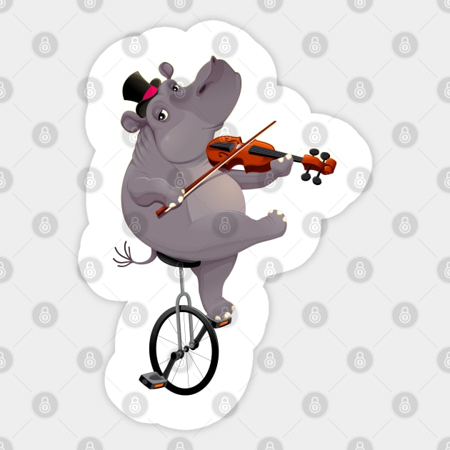 Funny hippo on an unicycle Sticker by ddraw